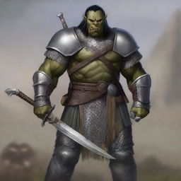 A large half-orc soldier with gray skin, ornamental scars, and black hair