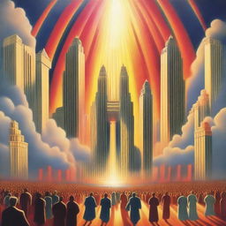 A breathtaking scene of the rapture, with people ascending towards a bright, fiery light in the sky, surrounded by clouds