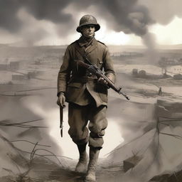 A detailed illustration of a soldier from a First World War game, wearing a traditional uniform with a helmet, carrying a rifle, and standing in a trench