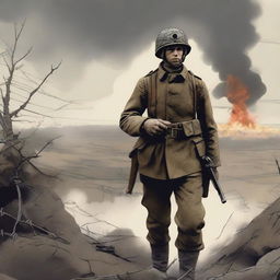 A detailed illustration of a soldier from a First World War game, wearing a traditional uniform with a helmet, carrying a rifle, and standing in a trench