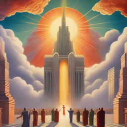 A breathtaking scene of the rapture, with people ascending towards a bright, fiery light in the sky, surrounded by clouds