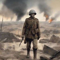 A detailed illustration of a soldier from a First World War game, wearing a traditional uniform with a helmet, carrying a rifle, and standing in a trench