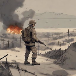 A detailed illustration of a soldier from a First World War game, wearing a traditional uniform with a helmet, carrying a rifle, and standing in a trench