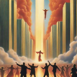 A breathtaking scene of the rapture, with people jumping and ascending towards a bright, fiery light coming down from the sky, surrounded by clouds