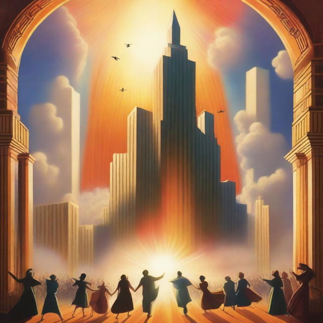 A breathtaking scene of the rapture, with people jumping and ascending towards a bright, fiery light coming down from the sky, surrounded by clouds