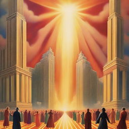 A breathtaking scene of the rapture, with people jumping and ascending towards a bright, fiery light coming down from the sky, surrounded by clouds