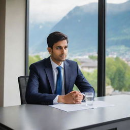 A sophisticated, faceless 24 year old Indian man in a professional attire, engaged in a business meeting set in a Swiss backdrop