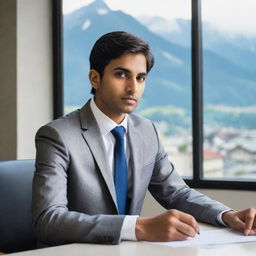 A sophisticated, faceless 24 year old Indian man in a professional attire, engaged in a business meeting set in a Swiss backdrop