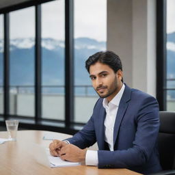 A sophisticated, faceless 24 year old Indian man in a professional attire, engaged in a business meeting set in a Swiss backdrop