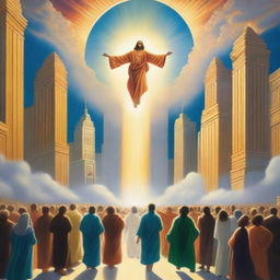 A breathtaking scene of the rapture, with joyful people ascending towards a bright, fiery light coming down from the sky