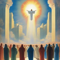 A breathtaking scene of the rapture, with joyful people ascending towards a bright, fiery light coming down from the sky