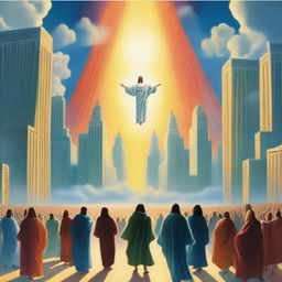 A breathtaking scene of the rapture, with joyful people ascending towards a bright, fiery light coming down from the sky