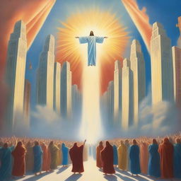 A breathtaking scene of the rapture, with joyful people ascending towards a bright, fiery light coming down from the sky