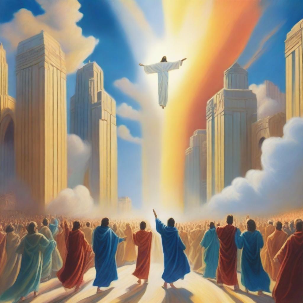 A breathtaking scene of the rapture, with joyful people ascending towards a bright, fiery light coming down from the sky