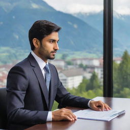 A sophisticated, faceless 24 year old Indian man in a professional attire, engaged in a business meeting set in a Swiss backdrop