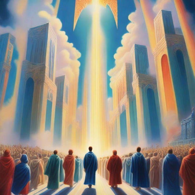 A breathtaking scene of the rapture, with joyful realistic people ascending towards a bright, fiery light coming down from the sky