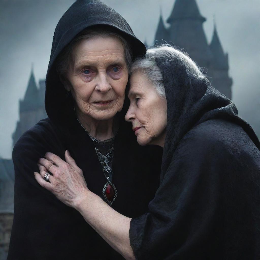 A suspenseful, fantasy-themed cover image; a wise old woman tenderly gripping a teenage man's hand, with the ominous shadow of a wicked queen cast across a diamond-encrusted rooftop.