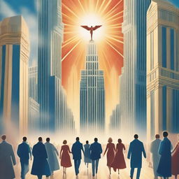 A breathtaking scene of the rapture, with joyful realistic people ascending towards a bright, fiery light coming down from the sky, surrounded by clouds and buildings, with a profound sense of divine presence