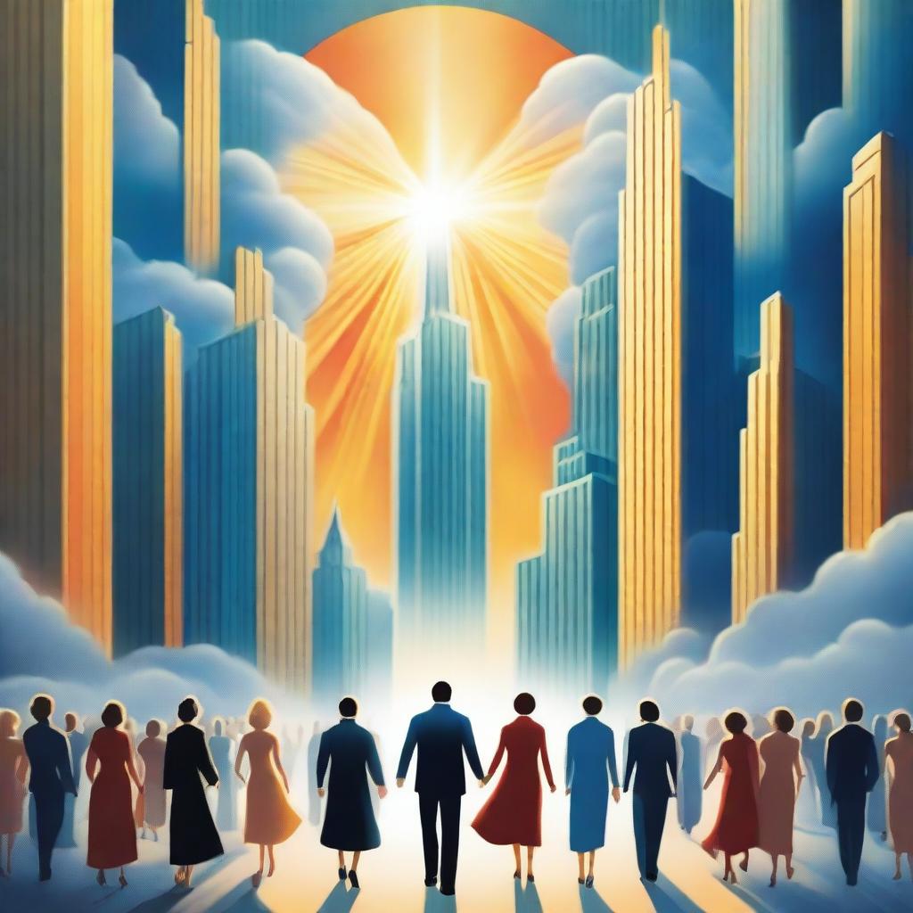 A breathtaking scene of the rapture, with joyful realistic people ascending towards a bright, fiery light coming down from the sky, surrounded by clouds and buildings, with a profound sense of divine presence