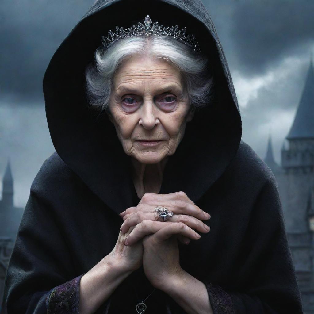 A suspenseful, fantasy-themed cover image; a wise old woman tenderly gripping a teenage man's hand, with the ominous shadow of a wicked queen cast across a diamond-encrusted rooftop.