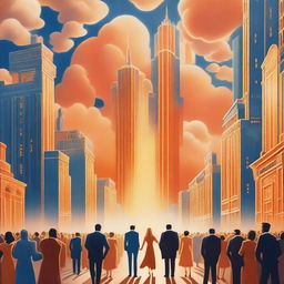 A breathtaking scene of the rapture, with lots of joyful realistic people ascending towards a bright, fiery orange light coming down from the sky, surrounded by clouds and buildings