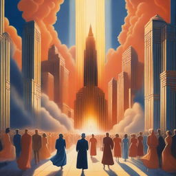 A breathtaking scene of the rapture, with lots of joyful realistic people ascending towards a bright, fiery orange light coming down from the sky, surrounded by clouds and buildings