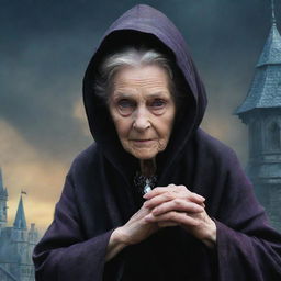 A suspenseful, fantasy-themed cover image; a wise old woman tenderly gripping a teenage man's hand, with the ominous shadow of a wicked queen cast across a diamond-encrusted rooftop.