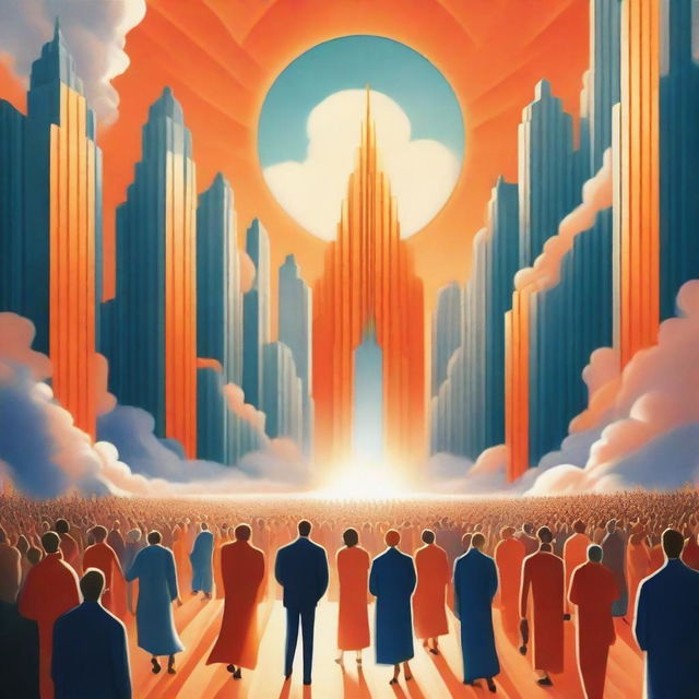 A breathtaking scene of the rapture, with lots of joyful realistic people ascending towards a bright, fiery orange light coming down from the sky