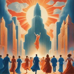 A breathtaking scene of the rapture, with lots of joyful realistic people ascending towards a bright, fiery orange light coming down from the sky