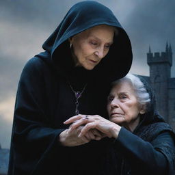 A suspenseful, fantasy-themed cover image; a wise old woman tenderly gripping a teenage man's hand, with the ominous shadow of a wicked queen cast across a diamond-encrusted rooftop.