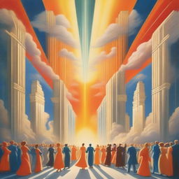 A breathtaking scene of the rapture, with lots of joyful realistic people ascending towards a bright, fiery orange light descending from the sky, surrounded by clouds, a profound sense of divine presence, in art deco style with blue