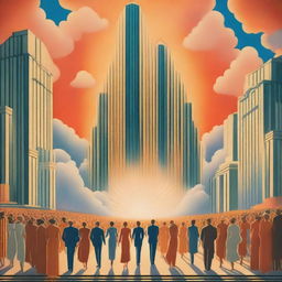 A breathtaking scene of the rapture, with lots of joyful realistic people ascending towards a bright, fiery orange light descending from the sky, surrounded by clouds, a profound sense of divine presence, in art deco style with blue