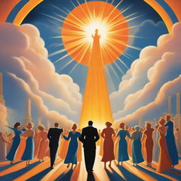 A breathtaking scene of the rapture, with lots of joyful realistic people ascending towards a bright, fiery orange light descending from the sky, surrounded by clouds, a profound sense of divine presence, in art deco style with blue