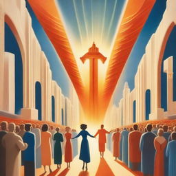 A breathtaking scene of the rapture, with lots of joyful realistic people ascending towards a bright, fiery orange light descending from the sky, surrounded by clouds, a profound sense of divine presence, in art deco style with blue