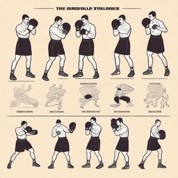 A detailed illustration showing the fundamental techniques and stances of boxing