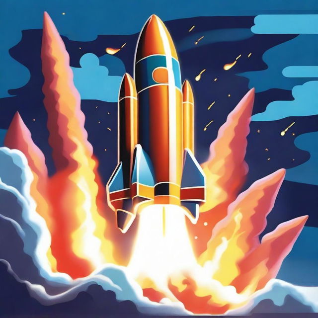 A dynamic scene of a rocket launching into the sky with a powerful punch force