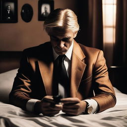 A mafia-themed book cover featuring a man with blonde hair sitting on a bed with his head down