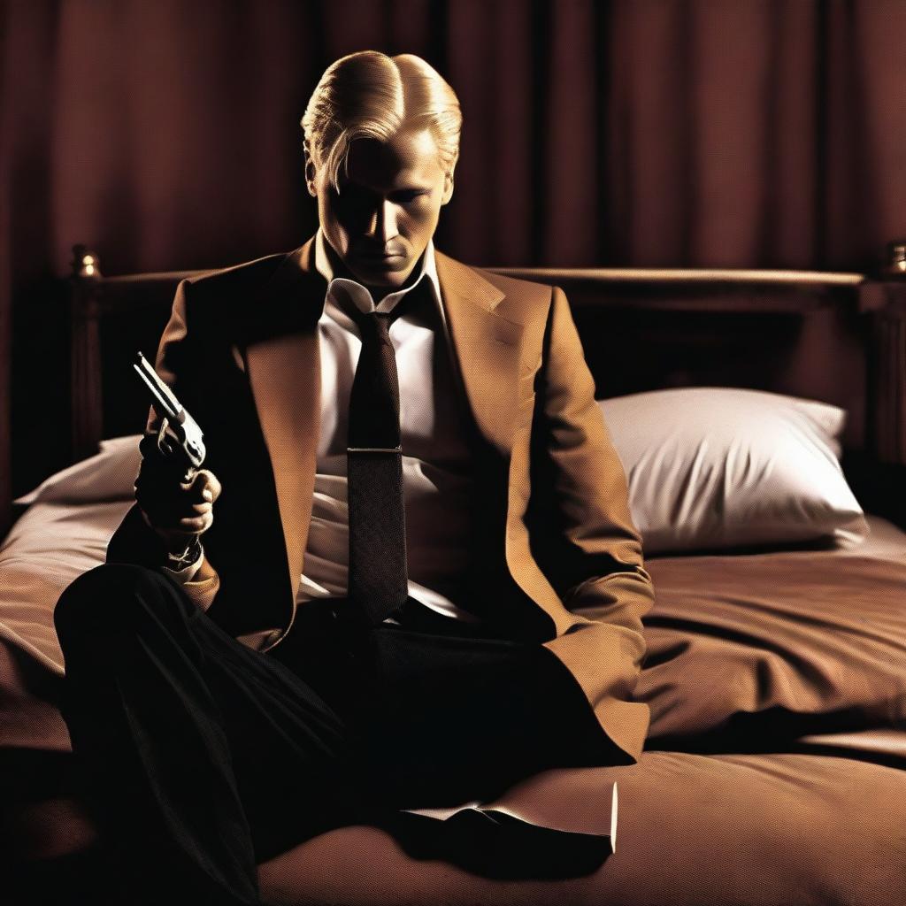 A mafia-themed book cover featuring a man with blonde hair sitting on a bed with his head down