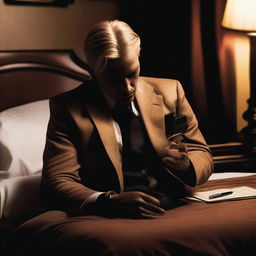 A mafia-themed book cover featuring a man with blonde hair sitting on a bed with his head down