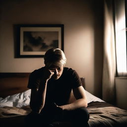 A dark, moody bedroom scene with main colors of brown and black