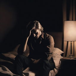 A dark, moody bedroom scene with main colors of brown and black