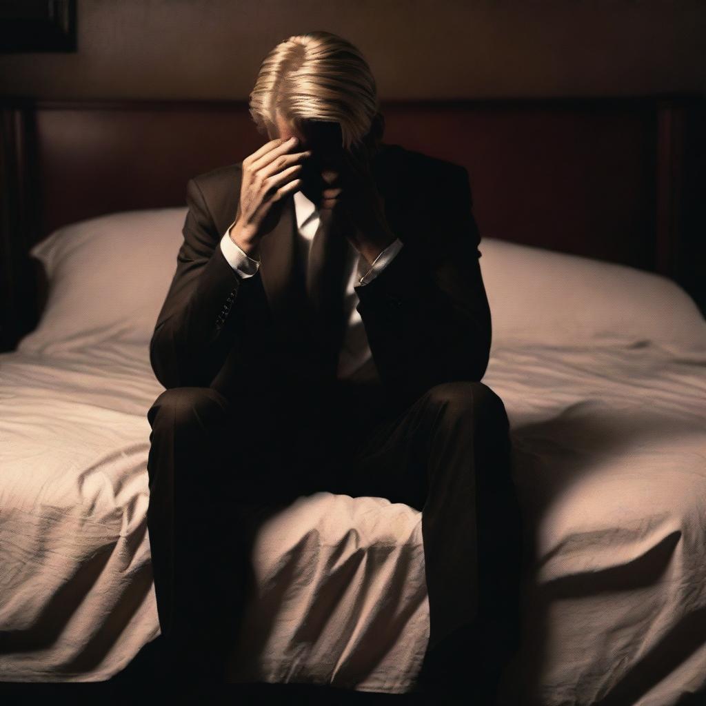 A dark, moody bedroom scene with main colors of brown and black