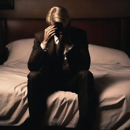 A dark, moody bedroom scene with main colors of brown and black