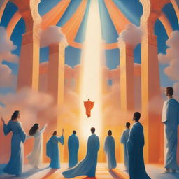 A breathtaking realistic scene of the rapture, with lots of joyful realistic people ascending towards a bright, fiery orange light descending from the sky