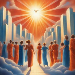 A breathtaking realistic scene of the rapture, with lots of joyful realistic people ascending towards a bright, fiery orange light descending from the sky