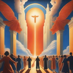 A breathtaking realistic scene of the rapture, with lots of joyful realistic people ascending towards a bright, fiery orange light descending from the sky