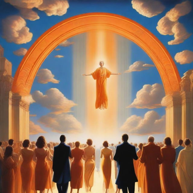 A breathtaking realistic scene of the rapture, with lots of joyful realistic people ascending towards a bright, fiery orange light descending from the sky, surrounded by clouds