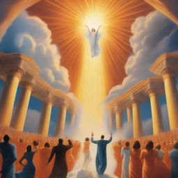 A breathtaking realistic scene of the rapture, with lots of joyful realistic people ascending towards a bright, fiery orange light descending from the sky, surrounded by clouds