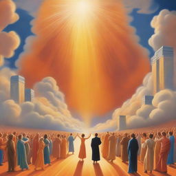 A breathtaking realistic scene of the rapture, with lots of joyful realistic people ascending towards a bright, fiery orange light descending from the sky, surrounded by clouds