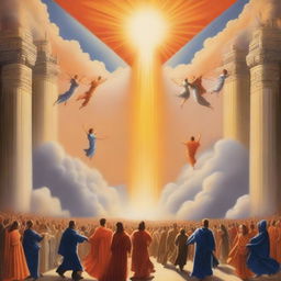 A breathtaking realistic scene of the rapture, with lots of joyful realistic people ascending towards a bright, fiery orange light descending from the sky, surrounded by clouds